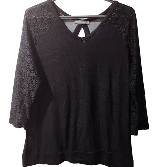 Loveappella Black Cut Out Blouse with Lace Sleeves - Picture 1 of 7